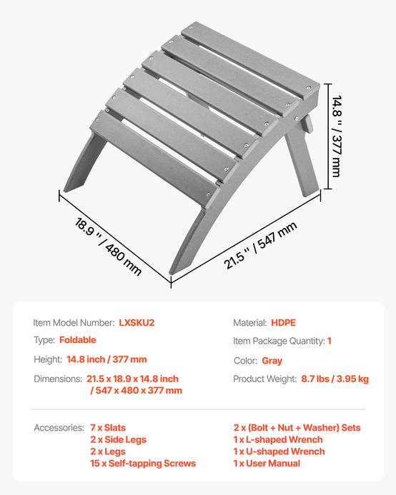 VEVOR Repose-pieds pliable Adirondack, PEHD, 547x480x377mm, gris. - Image 7
