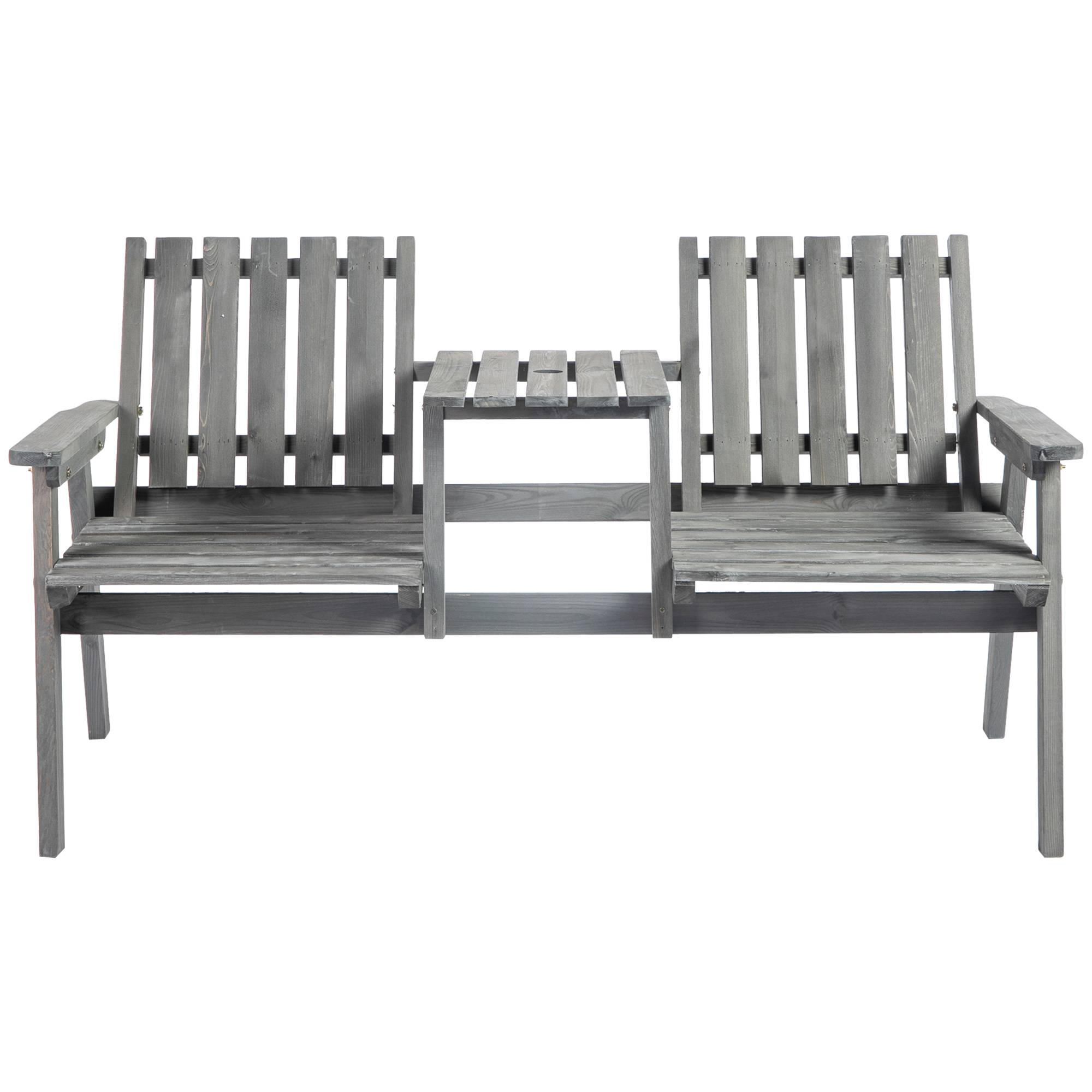 Banc de jardin avec table, ensemble de sièges, mobilier de jardin, avec trou pour parasol, banc, 2 chaises, bois massif, gris, 152 x 70 x 83 cm - Image 2