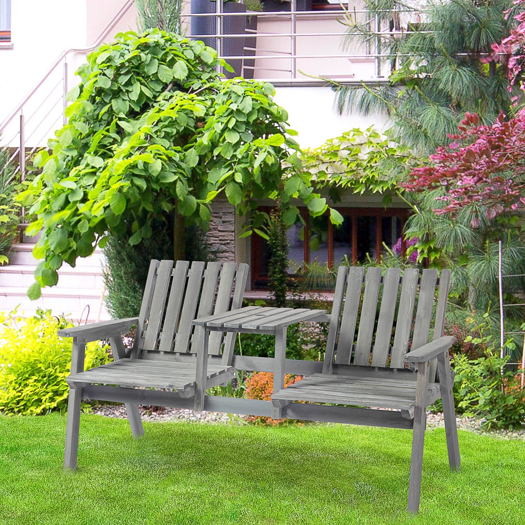 Banc de jardin avec table, ensemble de sièges, mobilier de jardin, avec trou pour parasol, banc, 2 chaises, bois massif, gris, 152 x 70 x 83 cm - Image 4