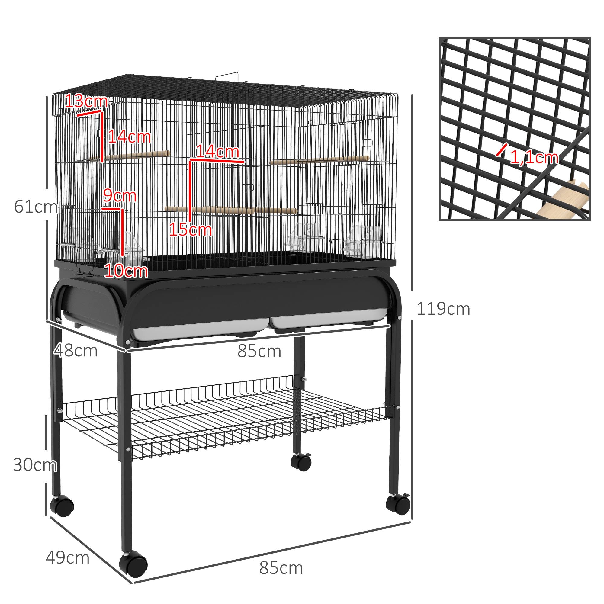 Pawhut - Grande cage oiseaux - cage perroquet - grande volière sur roulettes - étagère, plateaux coulissants, accessoires - noir - Image 3