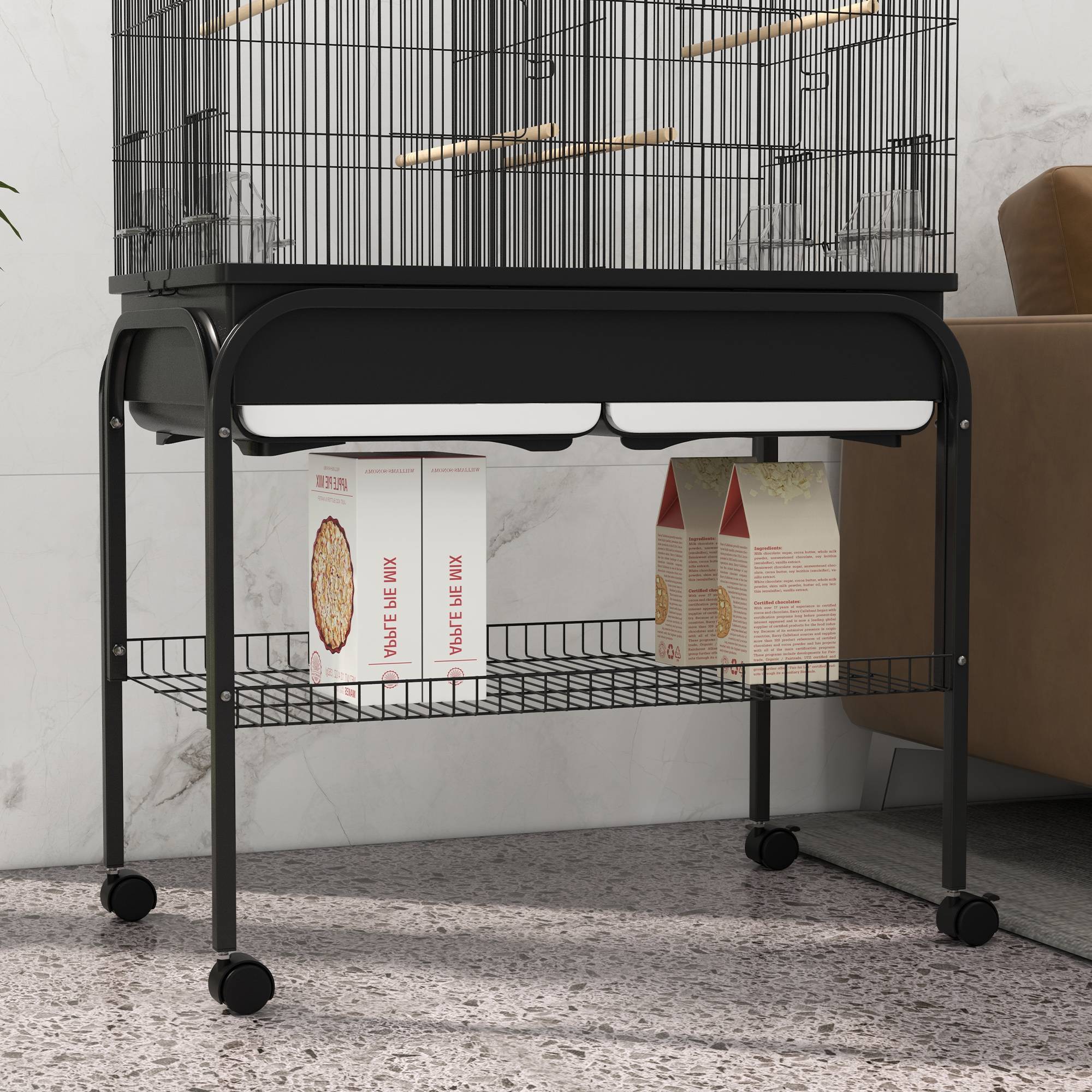 Pawhut - Grande cage oiseaux - cage perroquet - grande volière sur roulettes - étagère, plateaux coulissants, accessoires - noir - Image 4