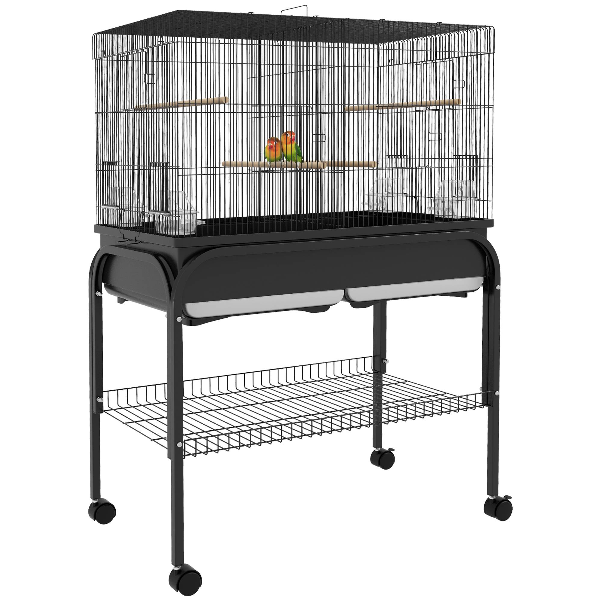 Pawhut - Grande cage oiseaux - cage perroquet - grande volière sur roulettes - étagère, plateaux coulissants, accessoires - noir - Image 1