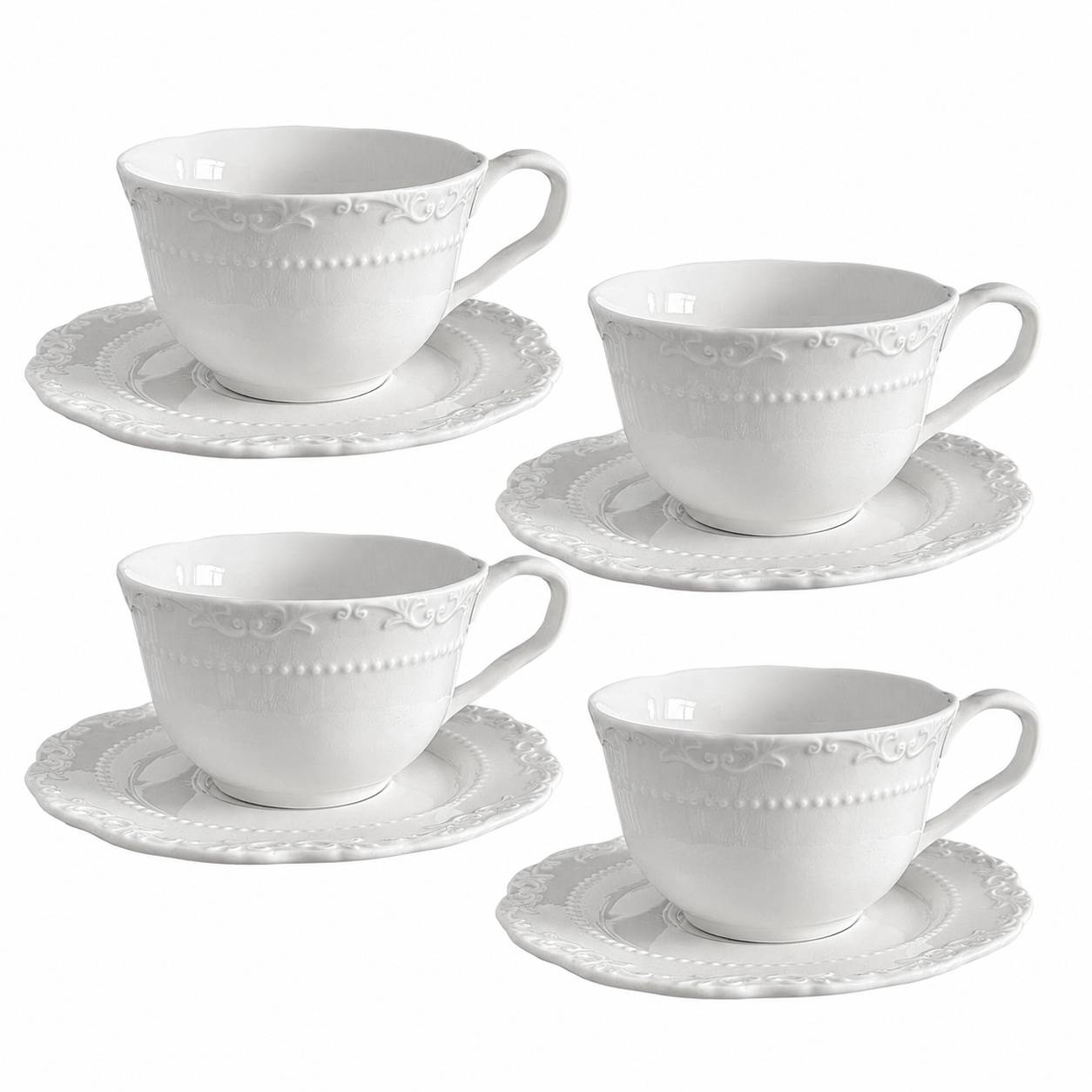 Tasse à Cappuccino en Céramique Blanche Motif Fleur Lot de 4 avec Sous Tasses - Image 1