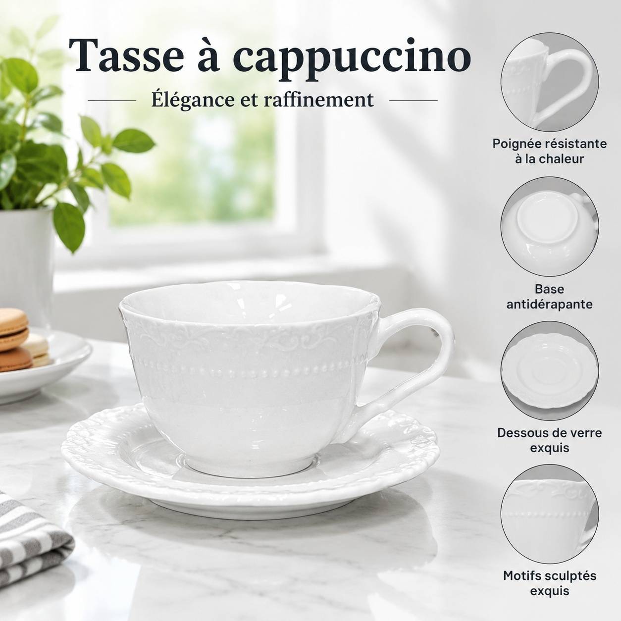 Tasse à Cappuccino en Céramique Blanche Motif Fleur Lot de 4 avec Sous Tasses - Image 6