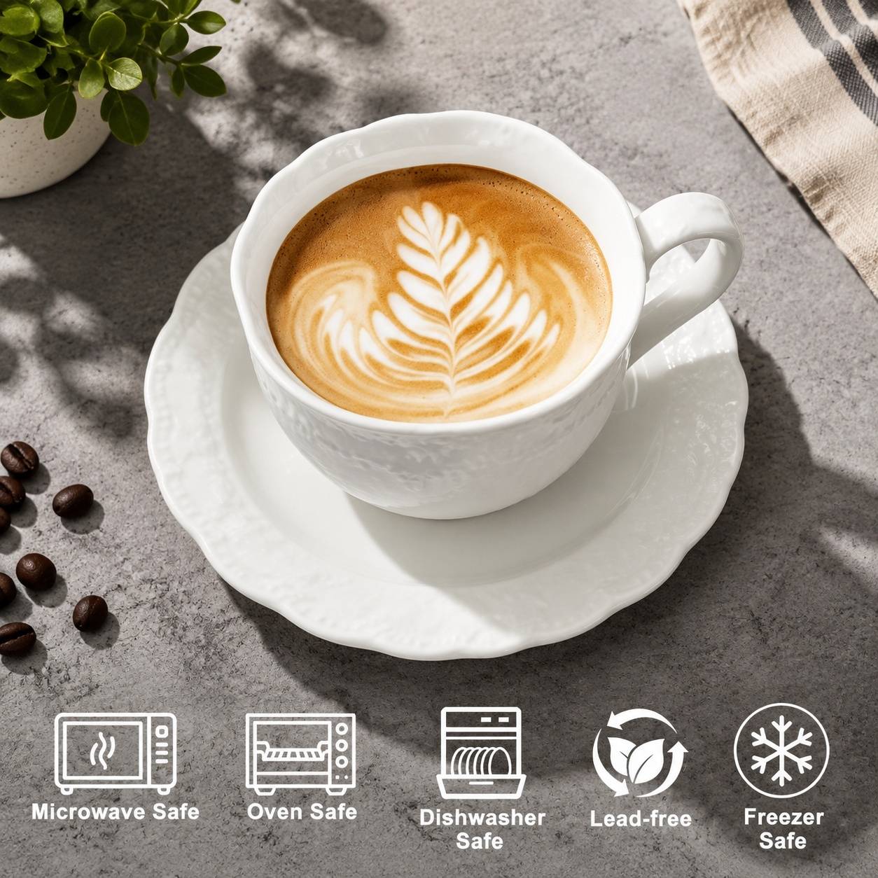 Tasse à Cappuccino en Céramique Blanche Motif Fleur Lot de 4 avec Sous Tasses - Image 2