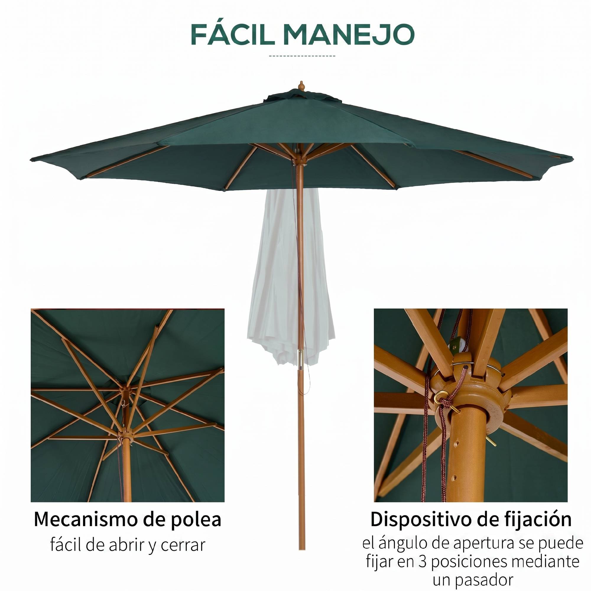 Parasol Ø300x250 cm avec mât en bois et système de poulie pour jardin, patio, terrasse, vert - Image 7