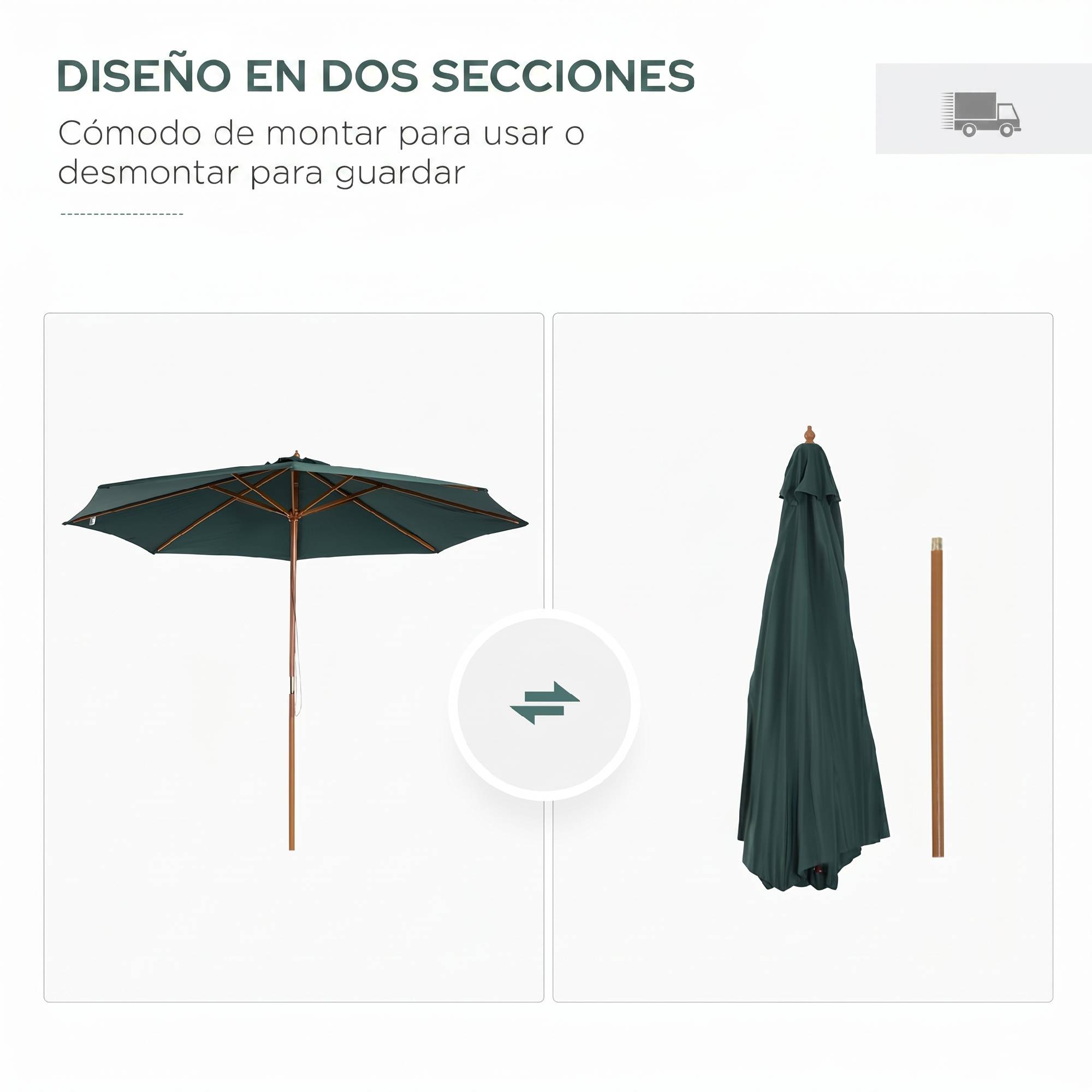 Parasol Ø300x250 cm avec mât en bois et système de poulie pour jardin, patio, terrasse, vert - Image 8