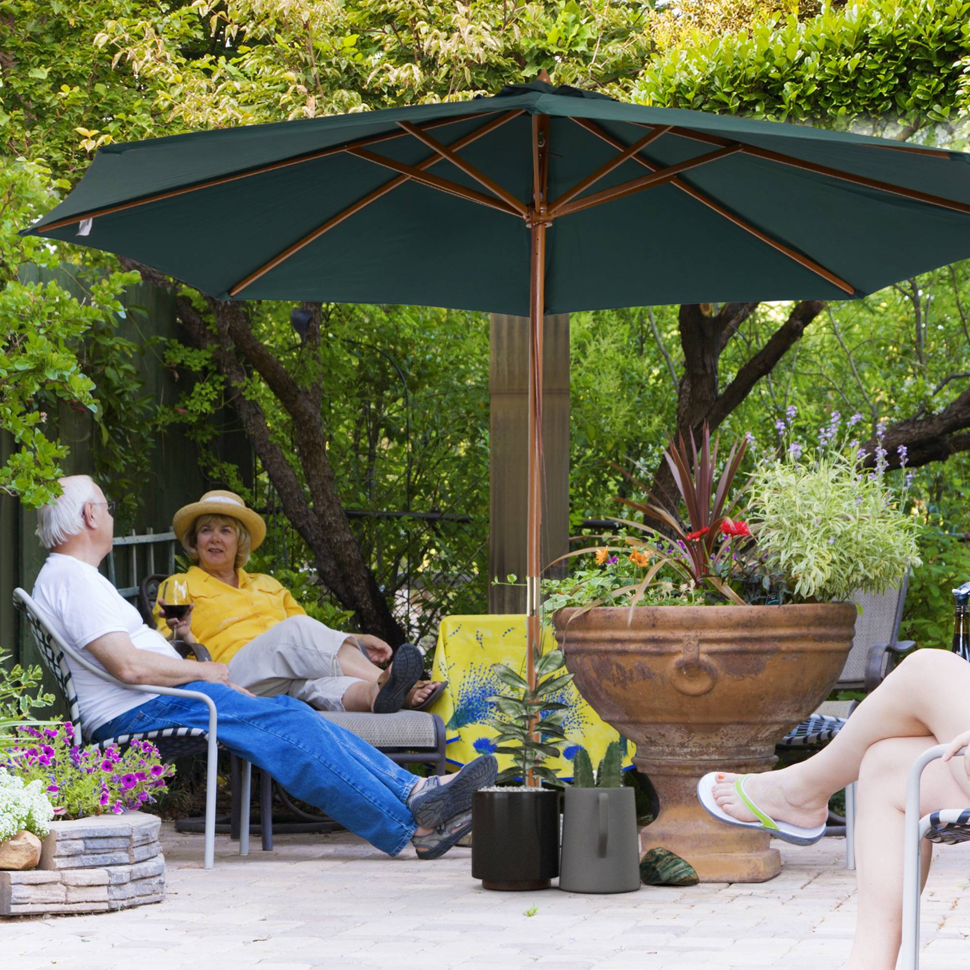 Parasol Ø300x250 cm avec mât en bois et système de poulie pour jardin, patio, terrasse, vert - Image 3