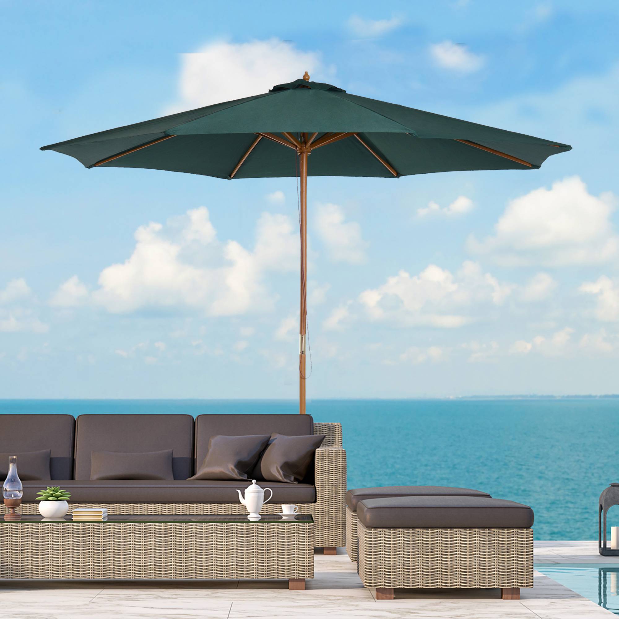 Parasol Ø300x250 cm avec mât en bois et système de poulie pour jardin, patio, terrasse, vert - Image 4