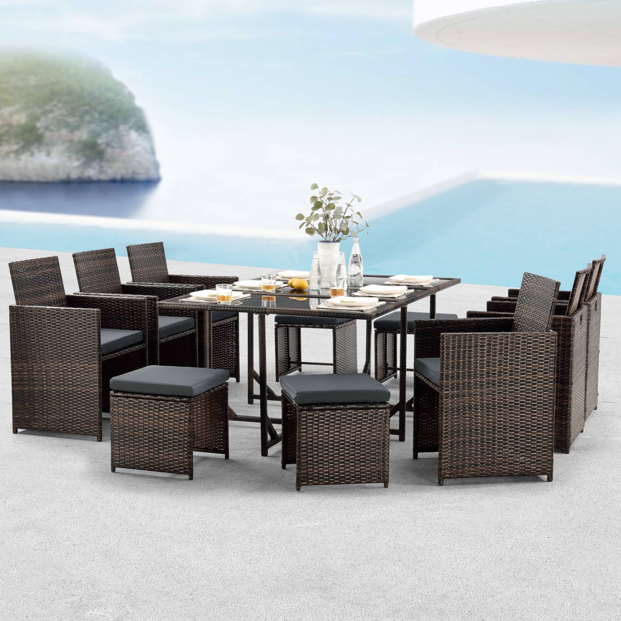 Salon de Jardin Laredo Acier Polyrotin Marron Chiné Coussins Gris Foncé [en.casa] - Imagen 2