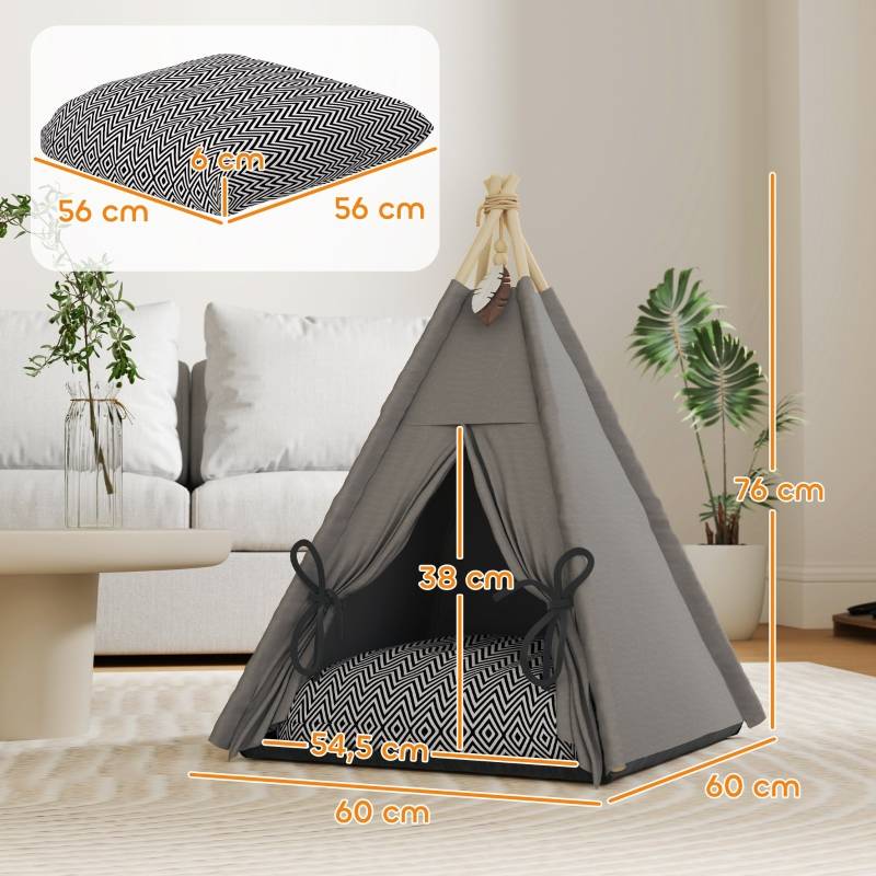 Lit Tipi Chat Petit Chien Bois Pin Coussin Lavable Antidérapant 60cm Gris - ComfortXL Pet Living - Image 3