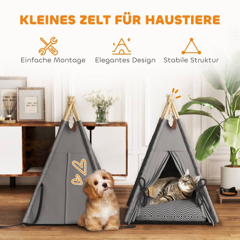 Lit Tipi Chat Petit Chien Bois Pin Coussin Lavable Antidérapant 60cm Gris - ComfortXL Pet Living - Image 6