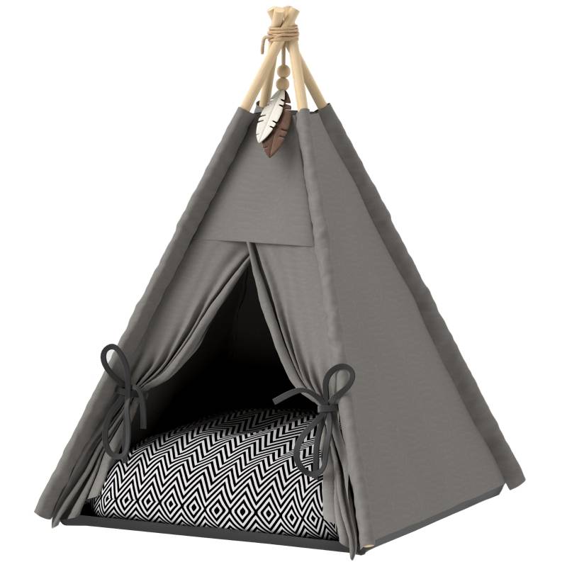 Lit Tipi Chat Petit Chien Bois Pin Coussin Lavable Antidérapant 60cm Gris - ComfortXL Pet Living - Image 2