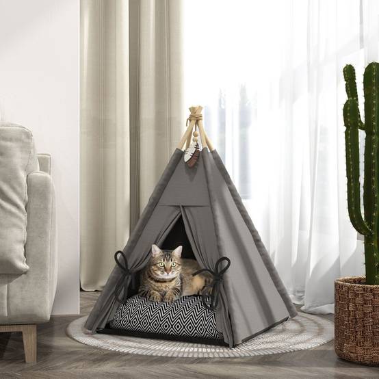 Lit Tipi Chat Petit Chien Bois Pin Coussin Lavable Antidérapant 60cm Gris - ComfortXL Pet Living - Image 1