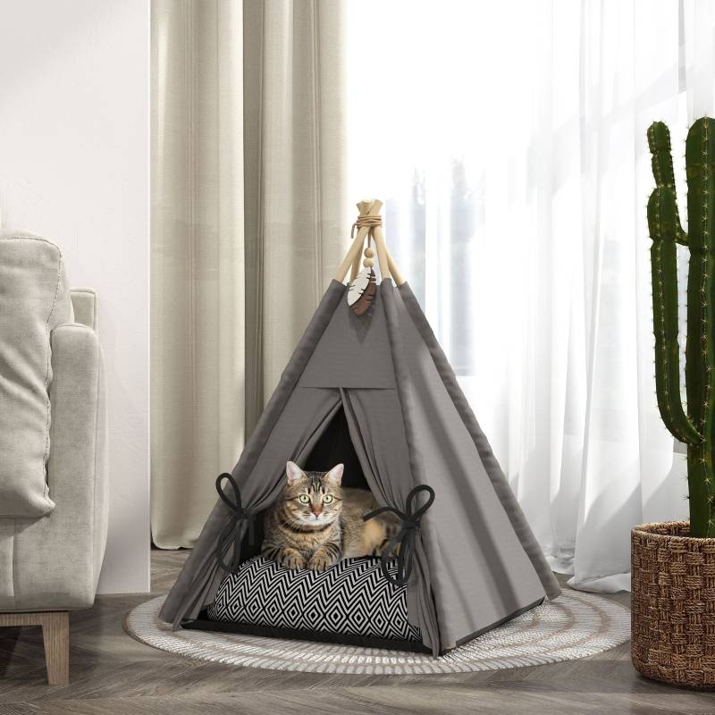 Lit Tipi Chat Petit Chien Bois Pin Coussin Lavable Antidérapant 60cm Gris - ComfortXL Pet Living - Image 1