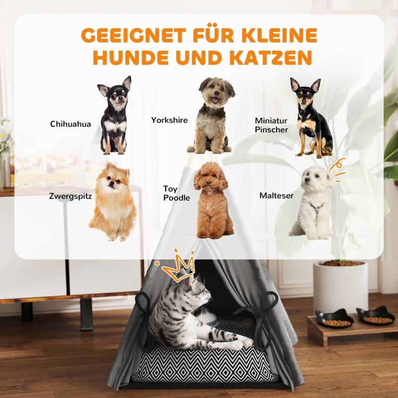 Lit Tipi Chat Petit Chien Bois Pin Coussin Lavable Antidérapant 60cm Gris - ComfortXL Pet Living - Image 4