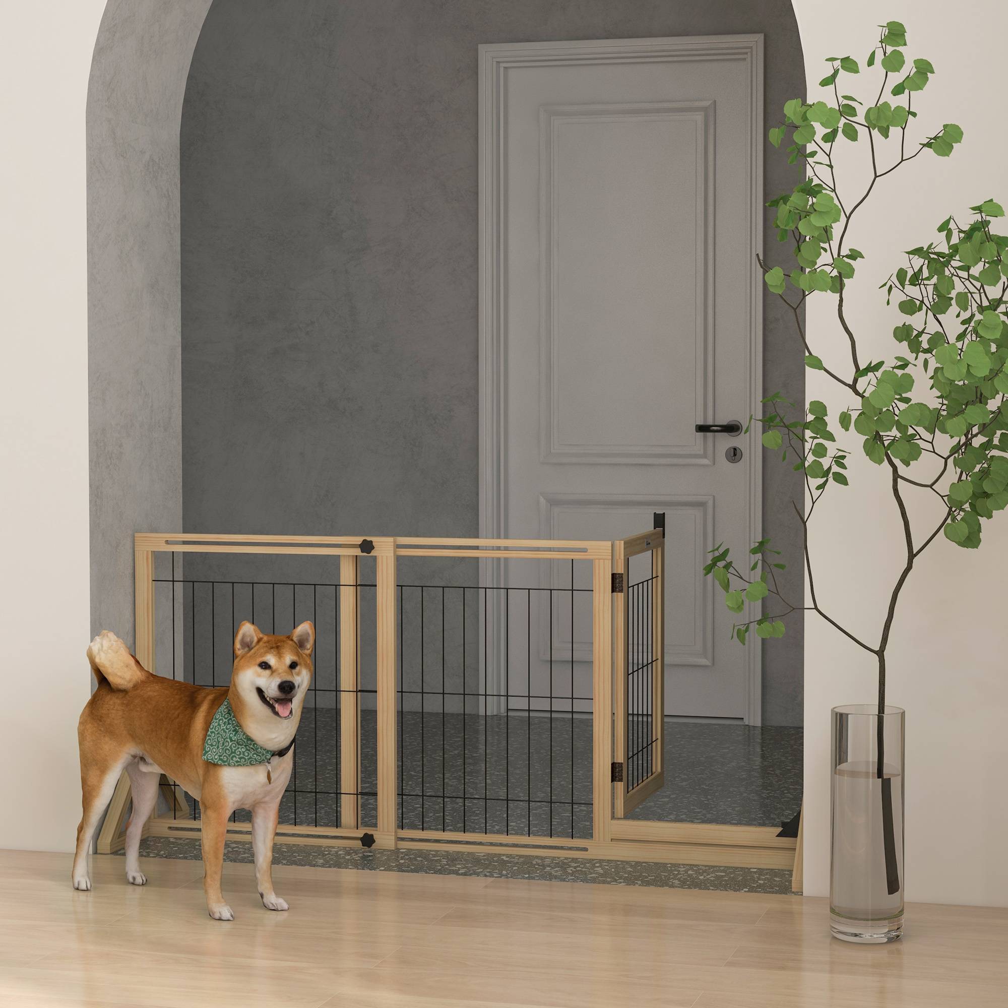 Sans Marque - Clôture extensible pour animaux de compagnie à 2 panneaux avec pieds de support triangulaires 112-159 x 44 x 70 cm Naturel - Image 3