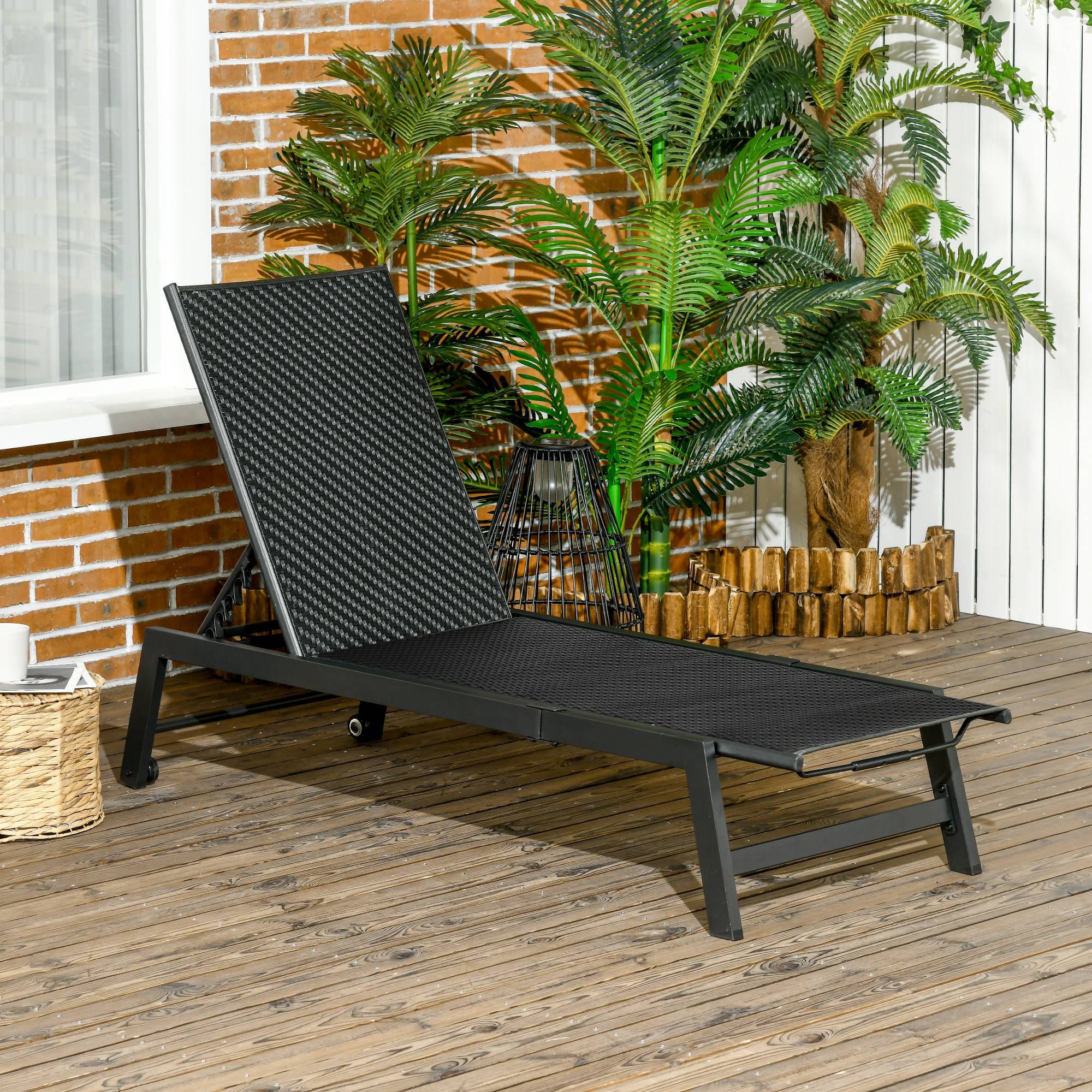 Outsunny - Bain de soleil transat grand confort - dossier inclinable 5 positions roulettes - châssis alu. résine tressée noire - Outsunny - Imagen 2