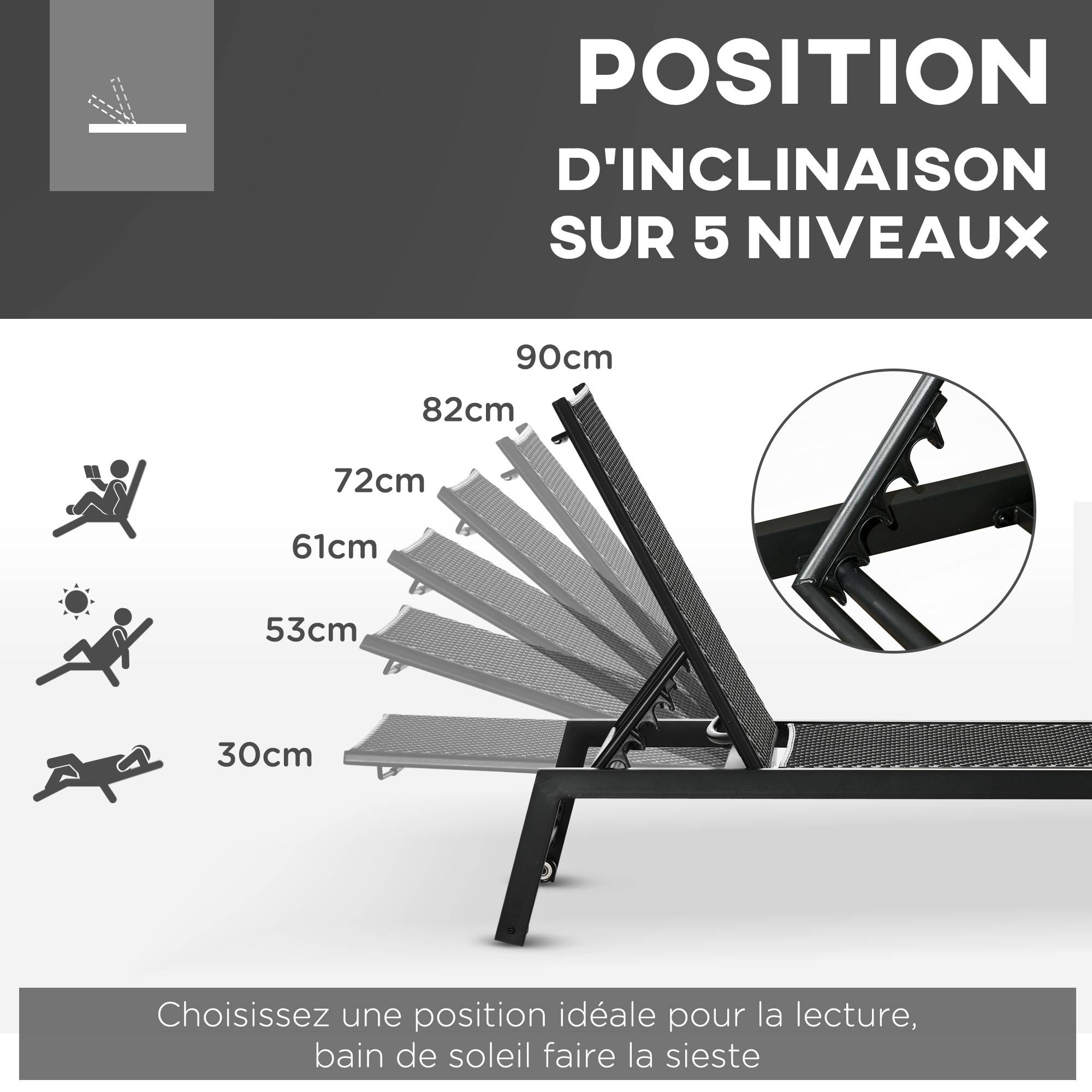 Outsunny - Bain de soleil transat grand confort - dossier inclinable 5 positions roulettes - châssis alu. résine tressée noire - Outsunny - Imagen 5