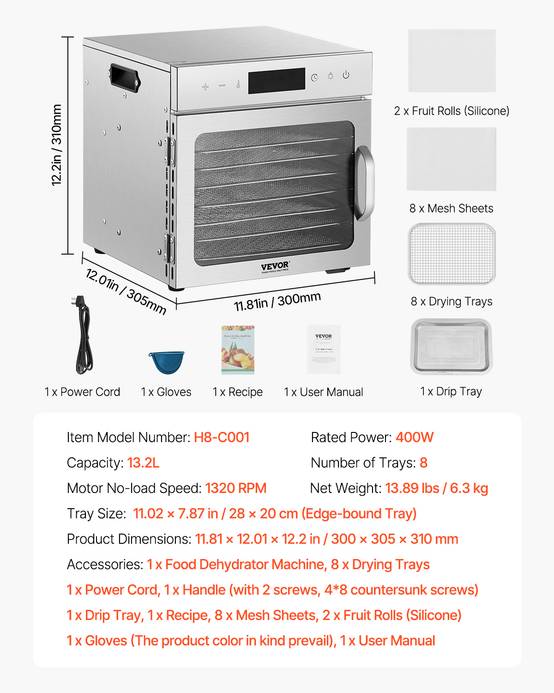 VEVOR Déshydrateur alimentaire 8 plateaux inox 400W, température/minuterie réglables, pour viande/fruits. - Image 7