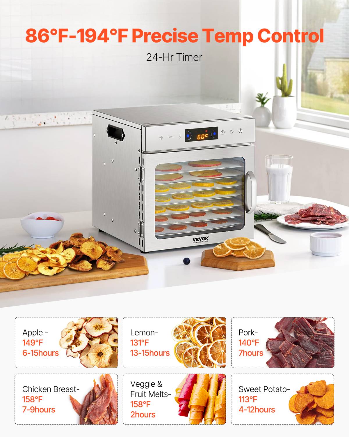 VEVOR Déshydrateur alimentaire 8 plateaux inox 400W, température/minuterie réglables, pour viande/fruits. - Image 5