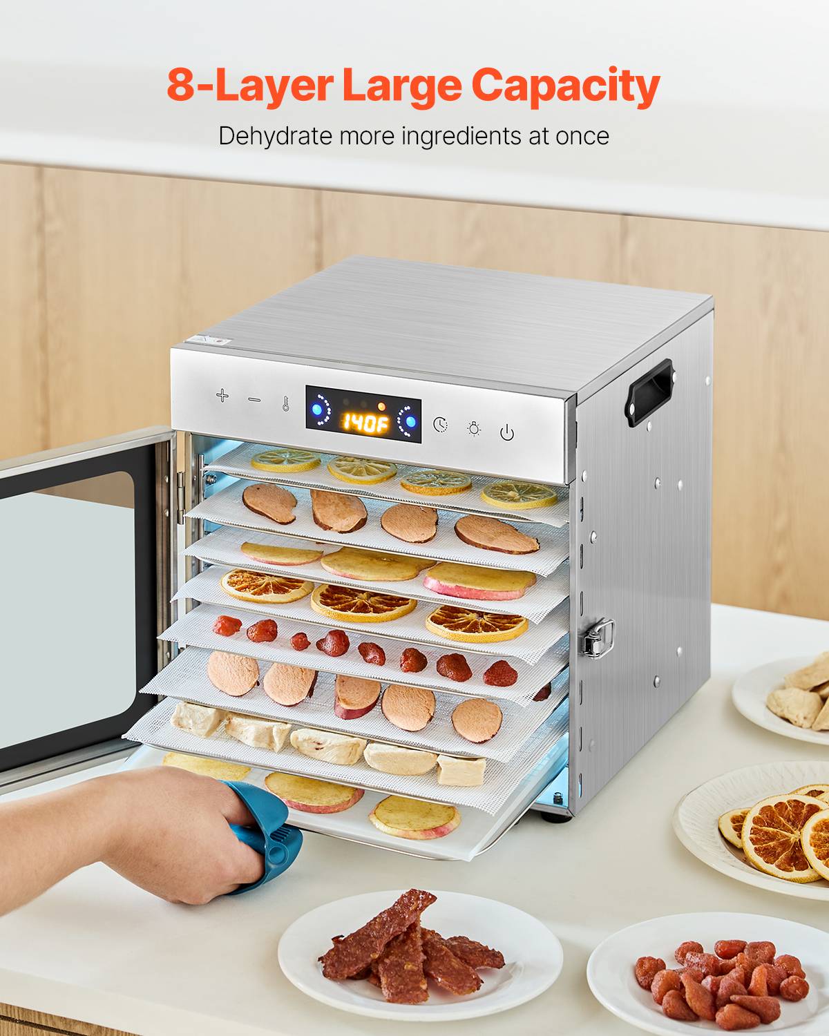 VEVOR Déshydrateur alimentaire 8 plateaux inox 400W, température/minuterie réglables, pour viande/fruits. - Image 4