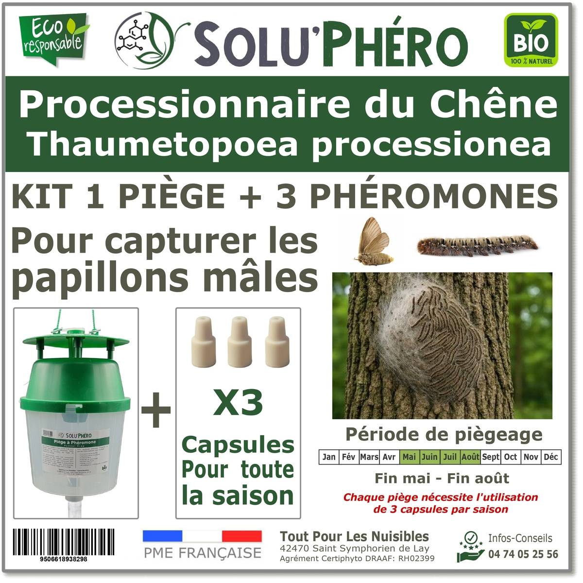 SOLUPHERO - Kit 1 Piège Funnel + 3 Phéromones Processionnaire du Chêne Bio - 1 Capsule 4 Semaines - Image 1