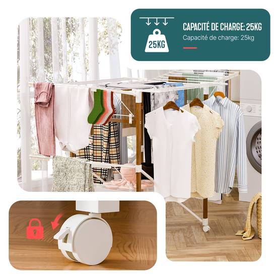 Étendoir à linge pliable avec maille - séchoir mobile extensible - 173x94x123cm - style bois blanc - VOUNOT® - Image 7