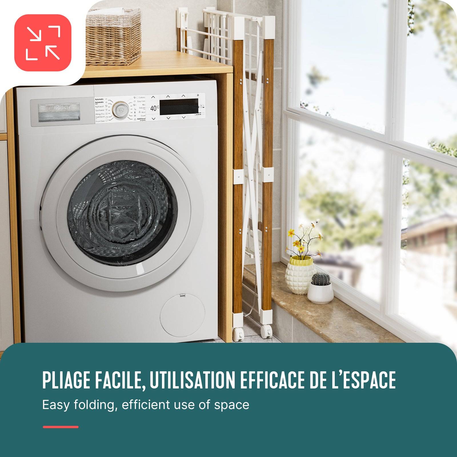 Étendoir à linge pliable avec maille - séchoir mobile extensible - 173x94x123cm - style bois blanc - VOUNOT® - Image 6
