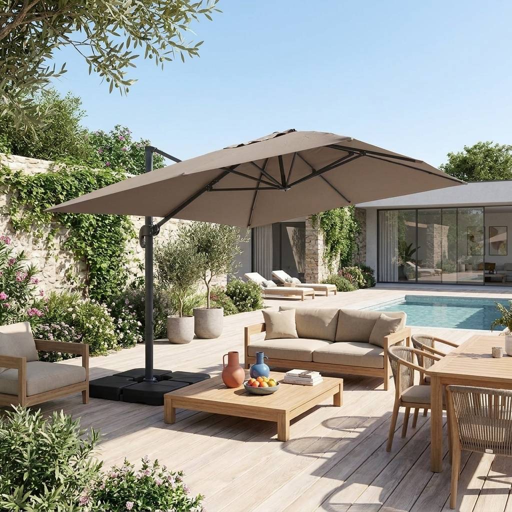 Parasol déporté rectangulaire 3x4m + dalles à lester 50x50cm taupe ...