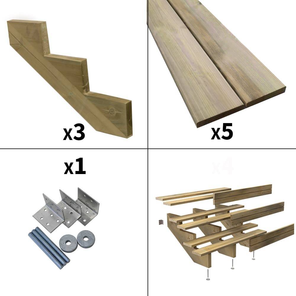 Decklinea - Escalier Bois Exterieur - 3 Marches Pleines - Largeur : 1m20 - Hauteur : 51cm - Avec Contremarches - Pin du Nord - Imagen 2