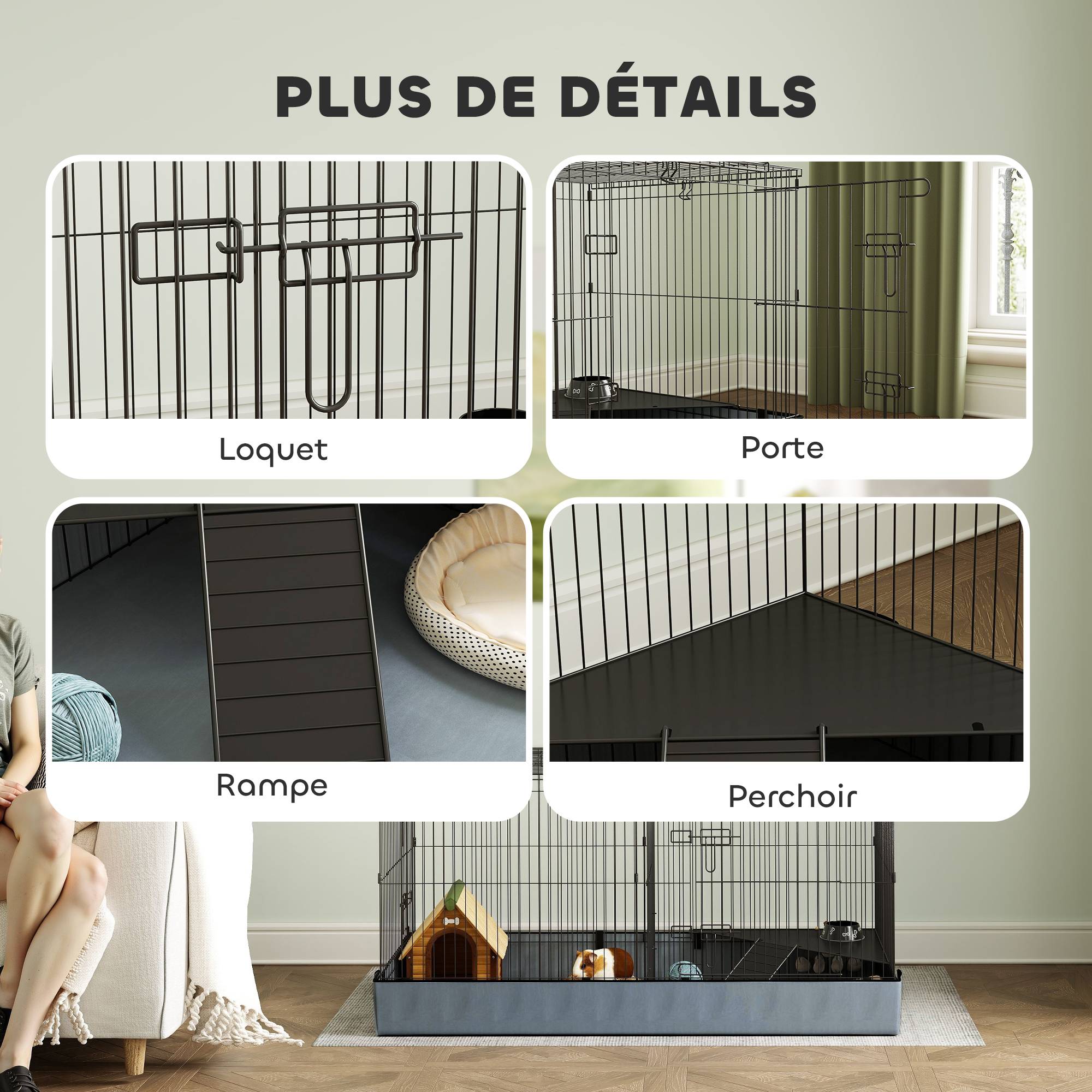 Enclos lapin acier pour petits animaux toit amovible 2 zones 121x61x61cm noir - ComfortXL Outdoor Living - Image 9