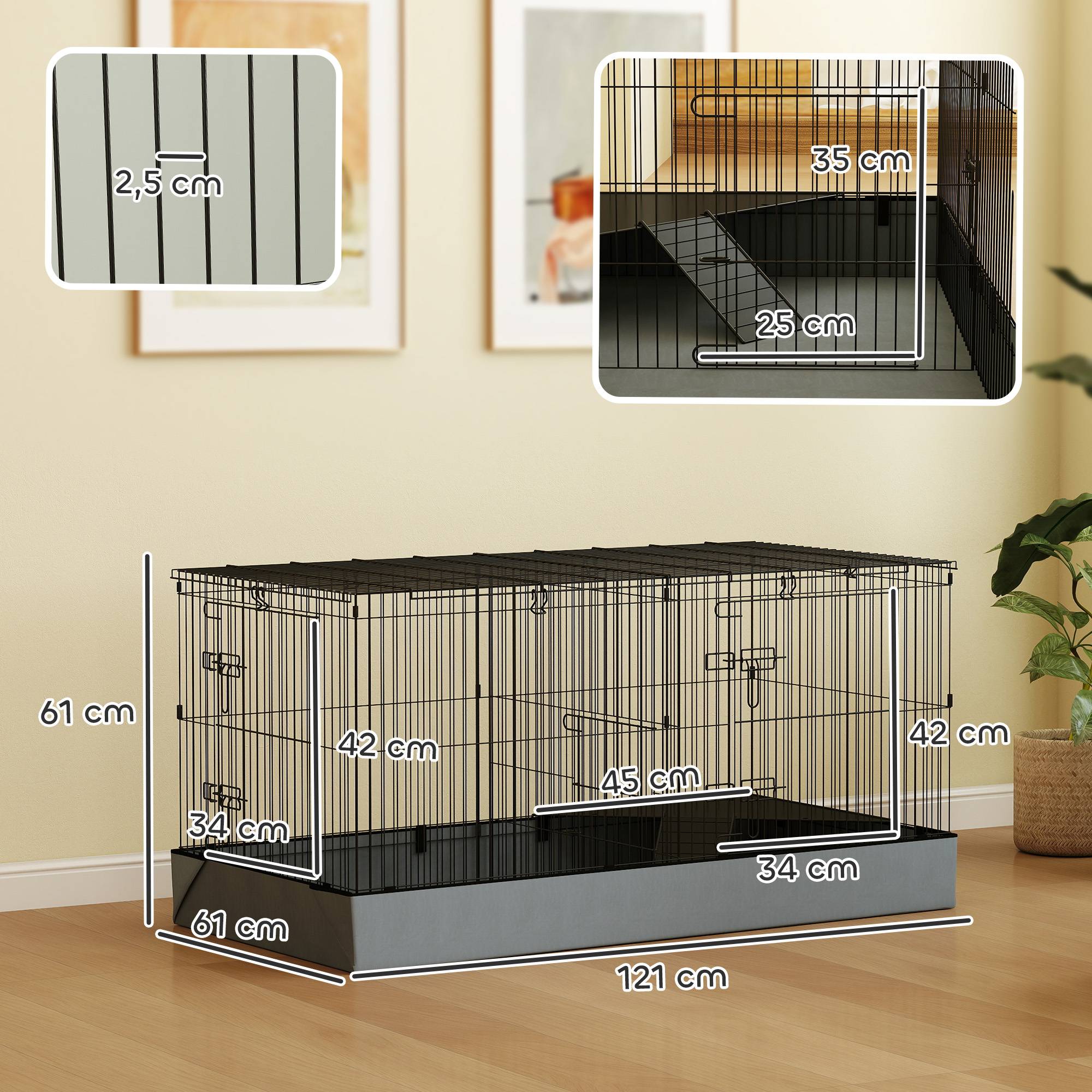 Enclos lapin acier pour petits animaux toit amovible 2 zones 121x61x61cm noir - ComfortXL Outdoor Living - Image 5