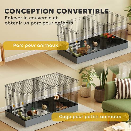 Enclos lapin acier pour petits animaux toit amovible 2 zones 121x61x61cm noir - ComfortXL Outdoor Living - Image 6