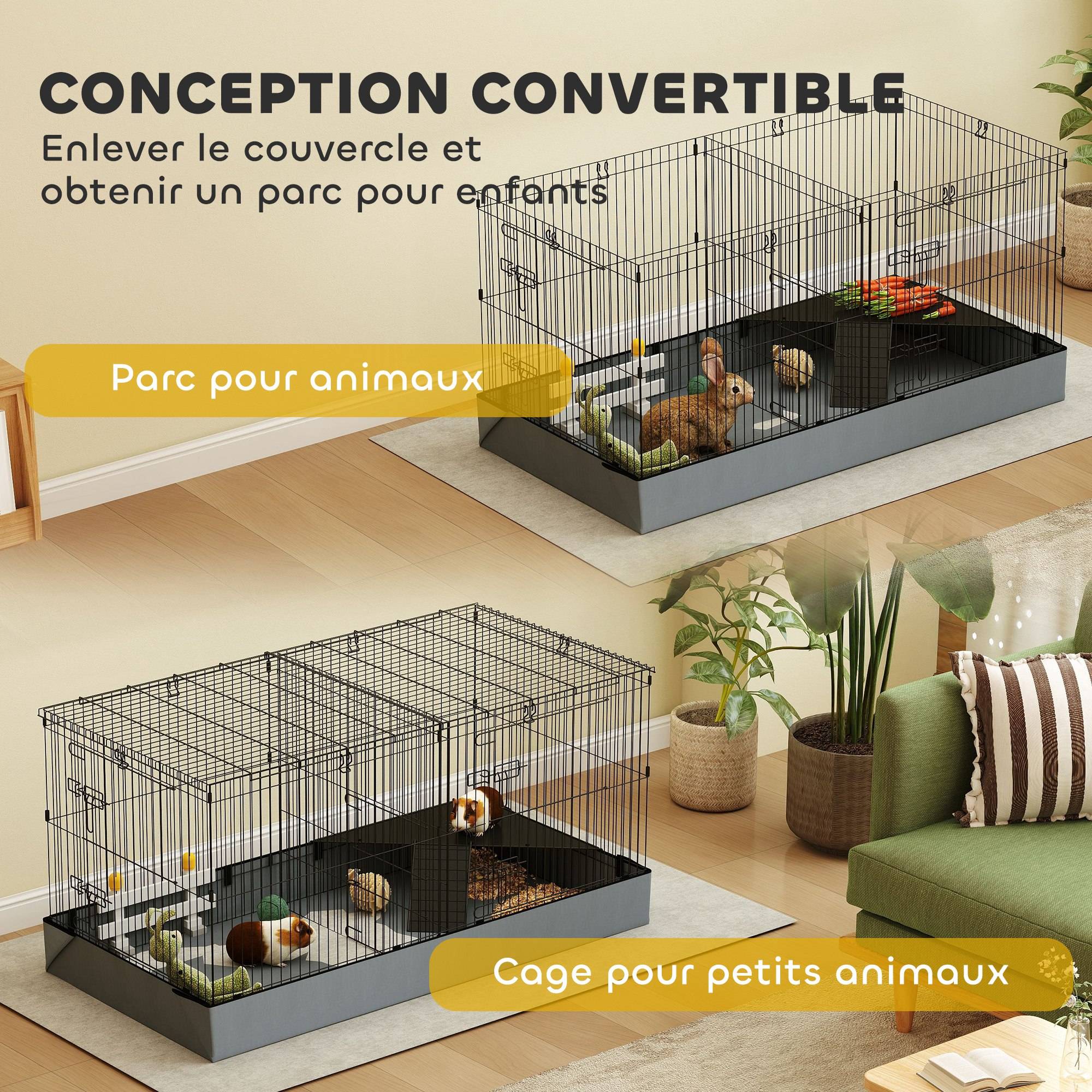 Enclos lapin acier pour petits animaux toit amovible 2 zones 121x61x61cm noir - ComfortXL Outdoor Living - Image 6