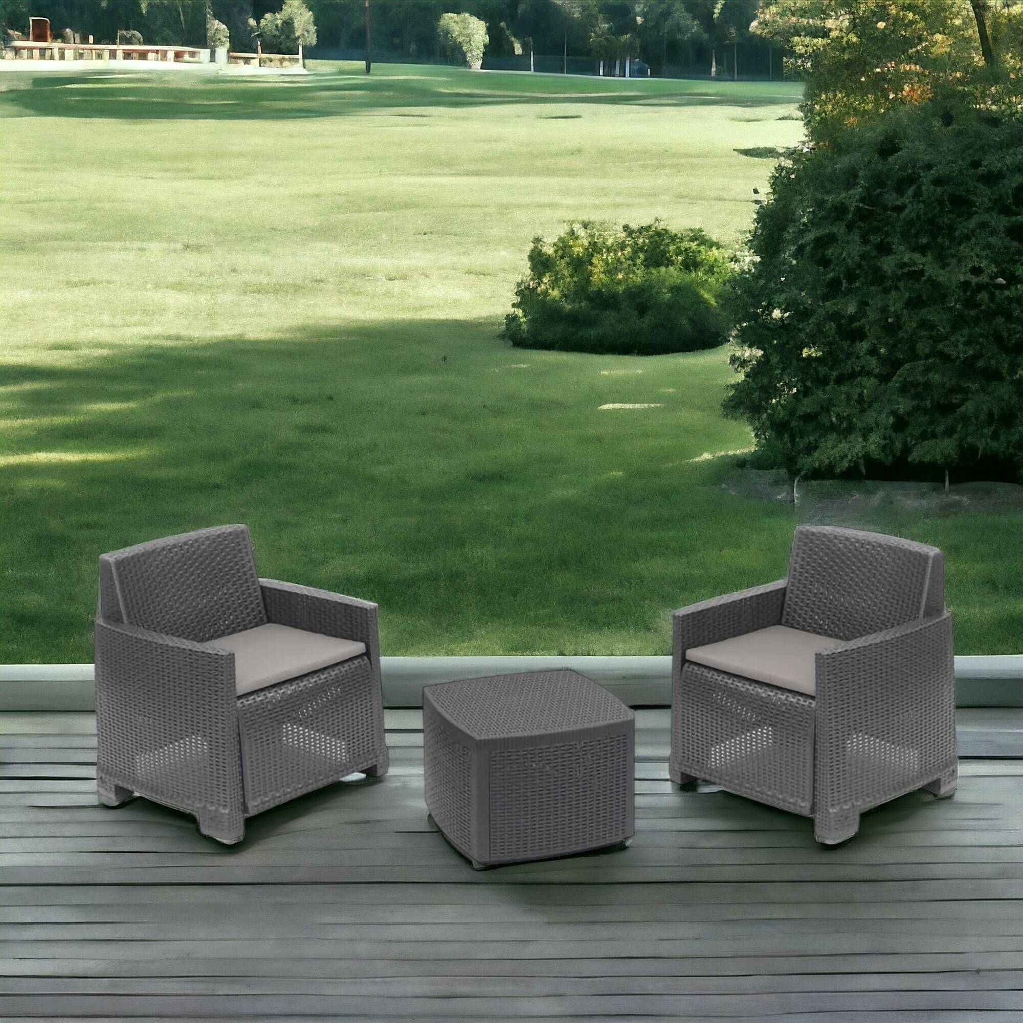Dmora - Salon d'extérieur Laigueglia, Composition de jardin avec 2 fauteuils et 1 table de rangement, Effet rotin avec coussins, Anthracite - Dmora - Imagen 5