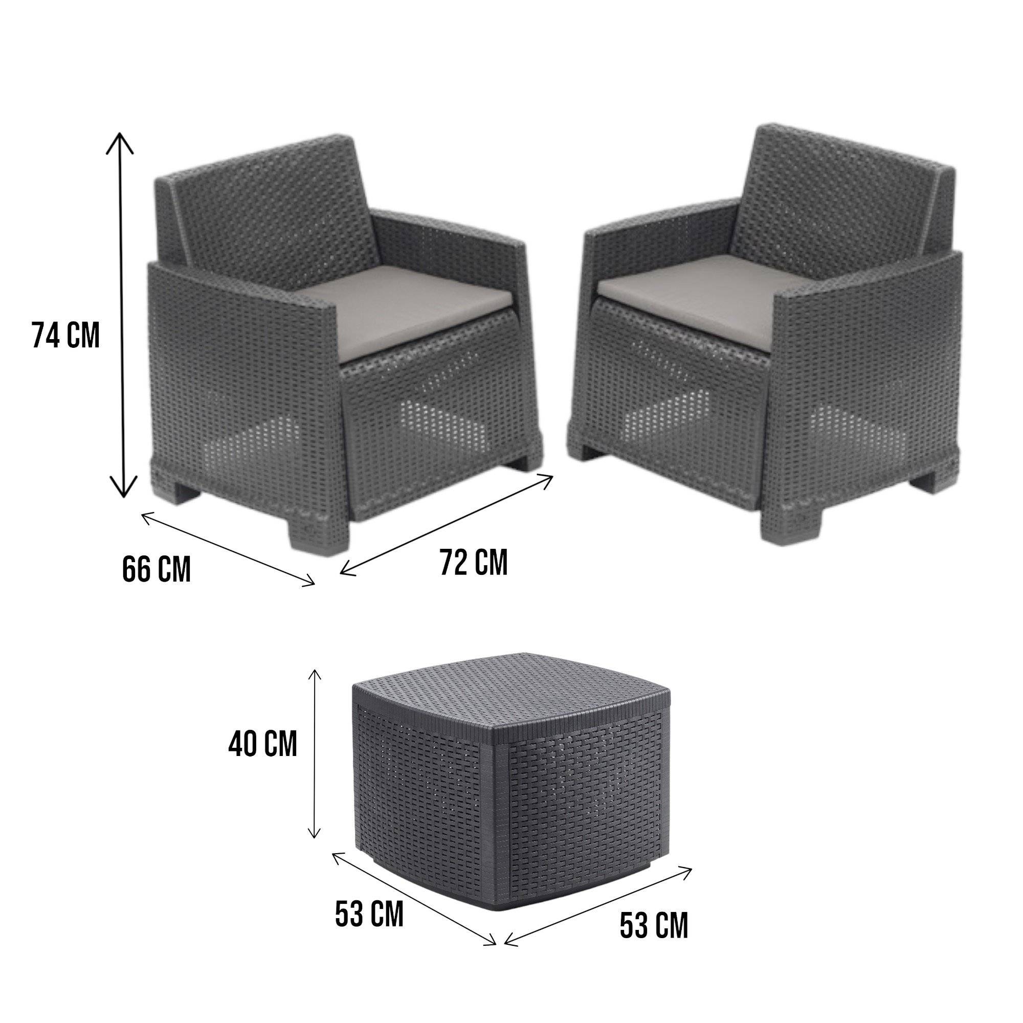 Dmora - Salon d'extérieur Laigueglia, Composition de jardin avec 2 fauteuils et 1 table de rangement, Effet rotin avec coussins, Anthracite - Dmora - Imagen 3