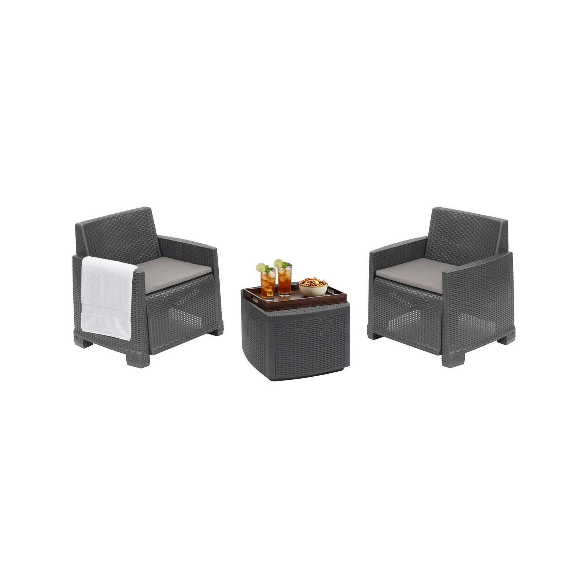 Dmora - Salon d'extérieur Laigueglia, Composition de jardin avec 2 fauteuils et 1 table de rangement, Effet rotin avec coussins, Anthracite - Dmora - Imagen 1