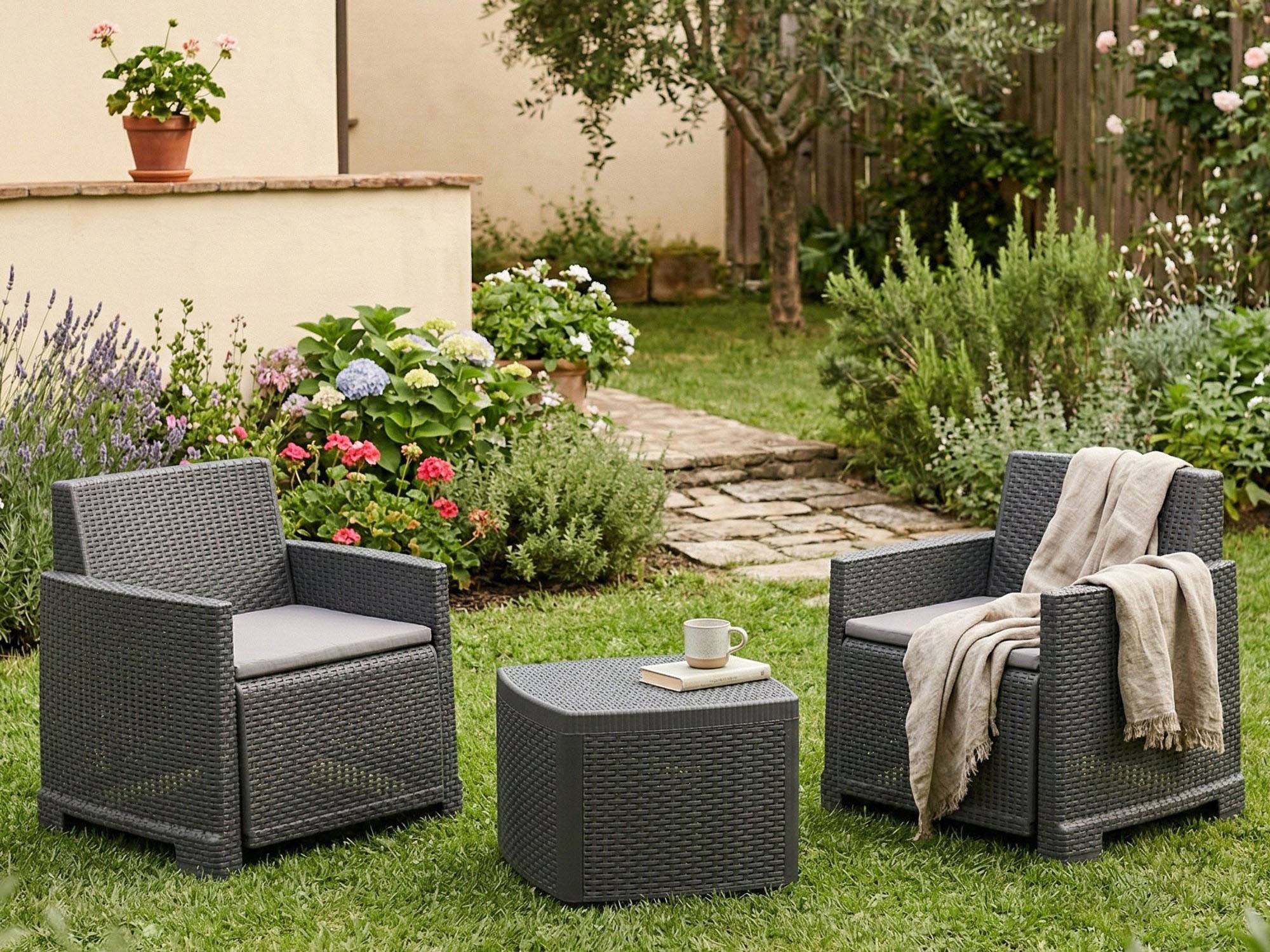 Dmora - Salon d'extérieur Laigueglia, Composition de jardin avec 2 fauteuils et 1 table de rangement, Effet rotin avec coussins, Anthracite - Dmora - Imagen 4