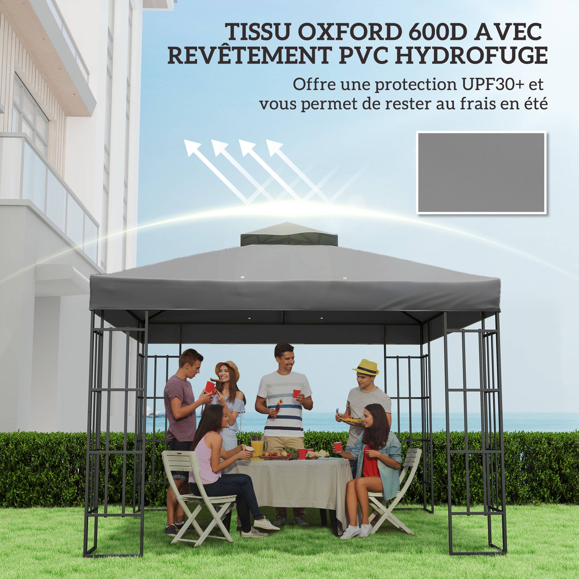 Outsunny - Toile de rechange pour tonnelle 3x3m 2 niveaux protection UV UPF30+ revêtement PVC 370g/m² étanche trous de drainage gris foncé - Outsunny - Image 7