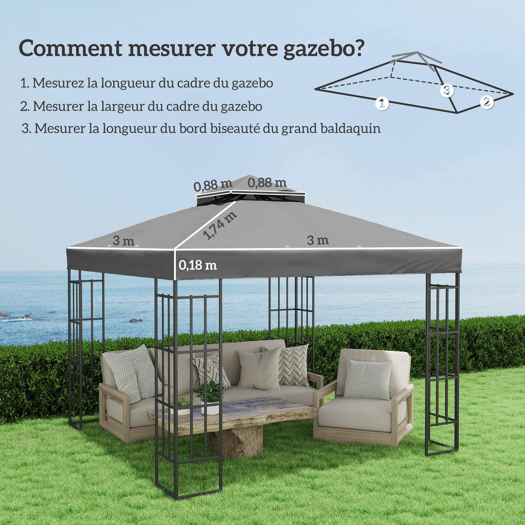 Outsunny - Toile de rechange pour tonnelle 3x3m 2 niveaux protection UV UPF30+ revêtement PVC 370g/m² étanche trous de drainage gris foncé - Outsunny - Image 3