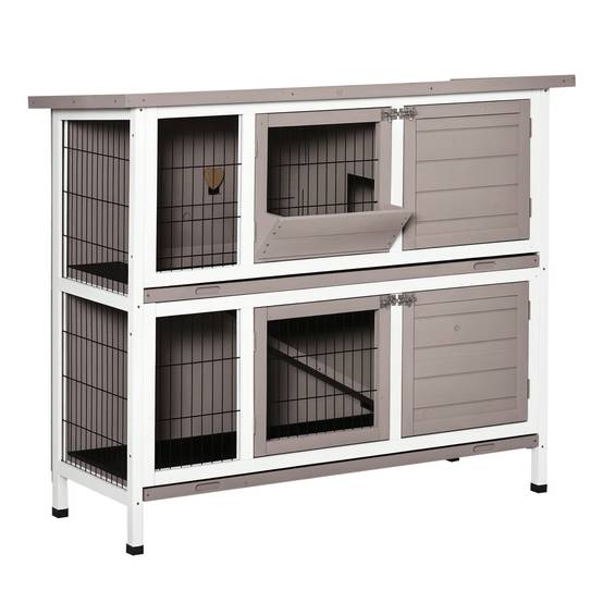 Cage à lapin en bois massif clapier 2 niveaux toit ouvrant avec auge plateaux coulisants 4 portes 122 x 50 x 101 cm gris blanc - Image 1