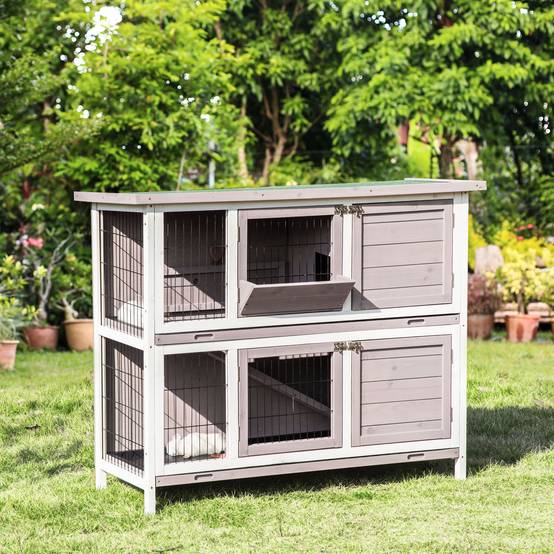 Cage à lapin en bois massif clapier 2 niveaux toit ouvrant avec auge plateaux coulisants 4 portes 122 x 50 x 101 cm gris blanc - Image 4