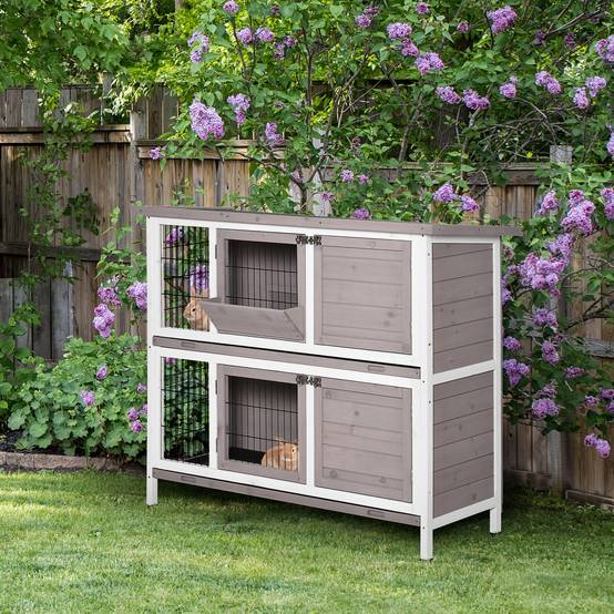 Cage à lapin en bois massif clapier 2 niveaux toit ouvrant avec auge plateaux coulisants 4 portes 122 x 50 x 101 cm gris blanc - Image 3