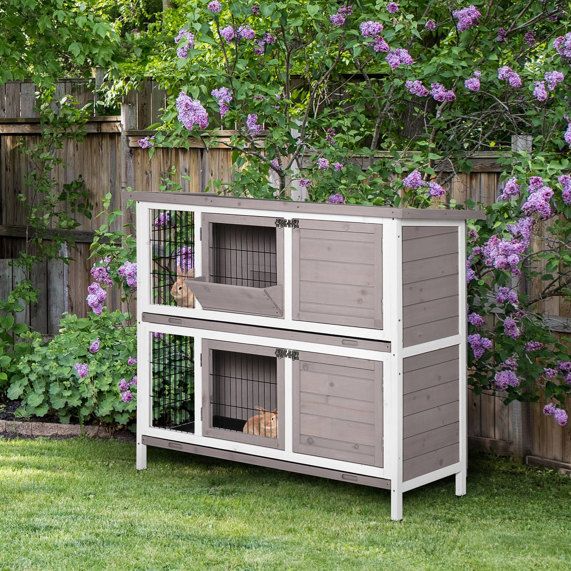 Cage à lapin en bois massif clapier 2 niveaux toit ouvrant avec auge plateaux coulisants 4 portes 122 x 50 x 101 cm gris blanc - Image 3