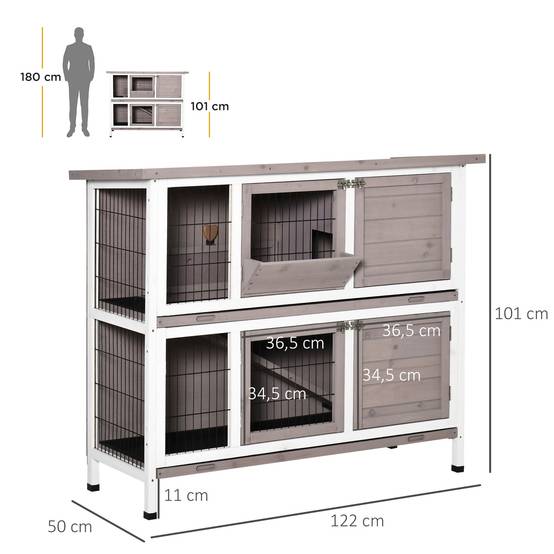 Cage à lapin en bois massif clapier 2 niveaux toit ouvrant avec auge plateaux coulisants 4 portes 122 x 50 x 101 cm gris blanc - Image 5