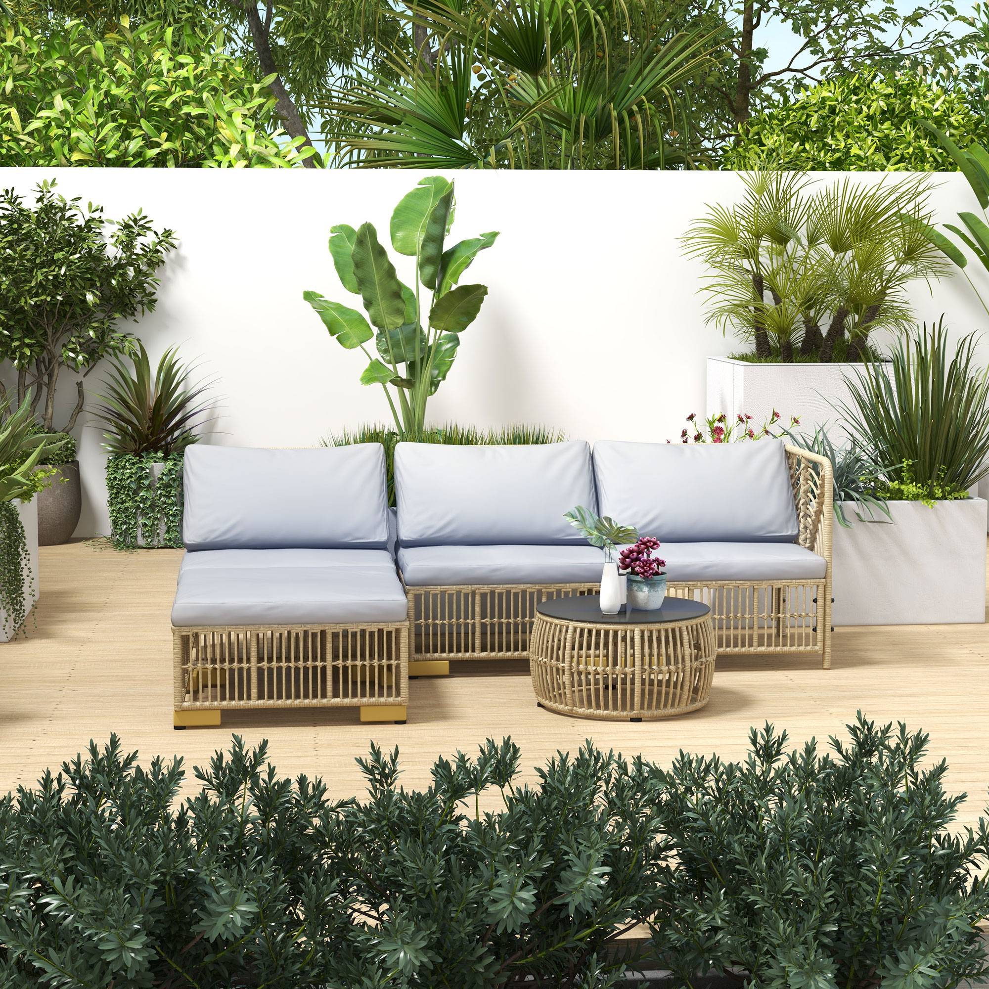 Salon de jardin modulable Résine tressée Terrasse Balcon Coussins déhoussables Beige Gris - ComfortXL Outdoor Living