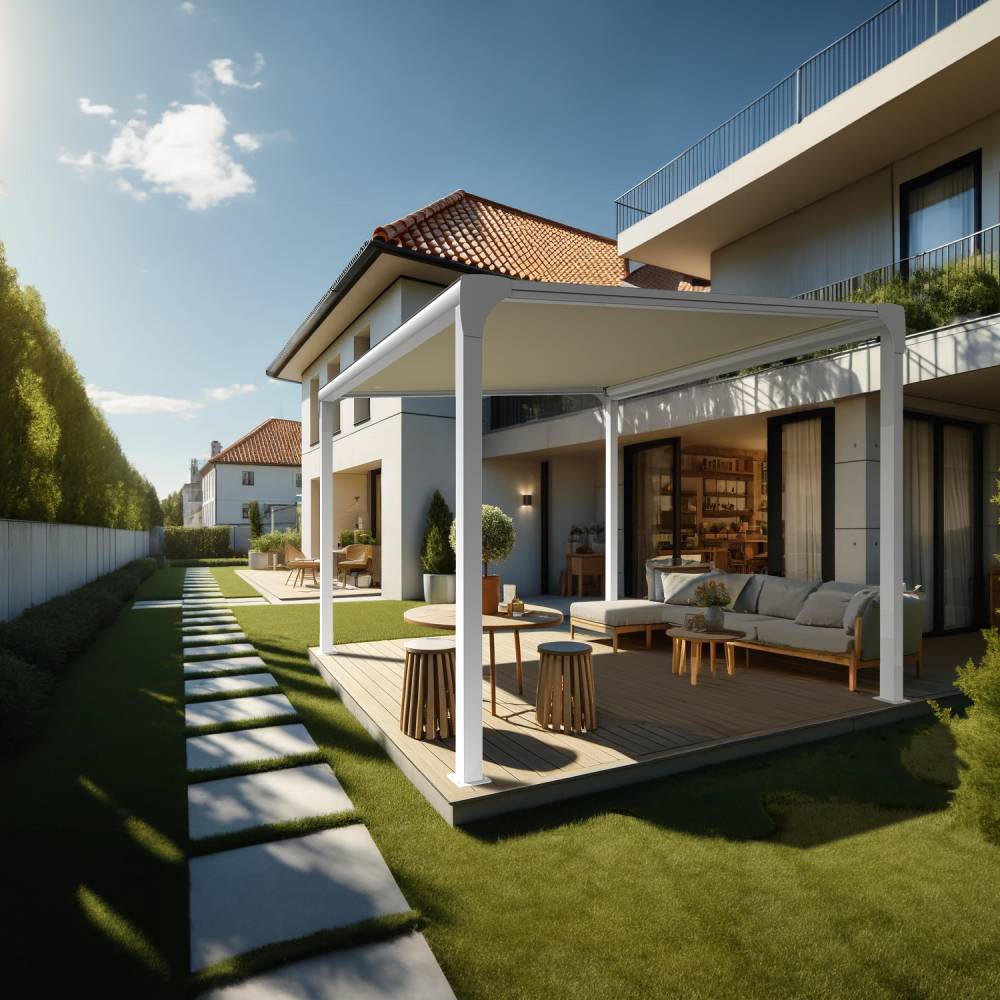 Pergola toile TILA îlot 3,50x3,00m Motorisé à télécommande + manœuvre de secours (Ecru - Blanc) - Alia Productions - Imagen 1