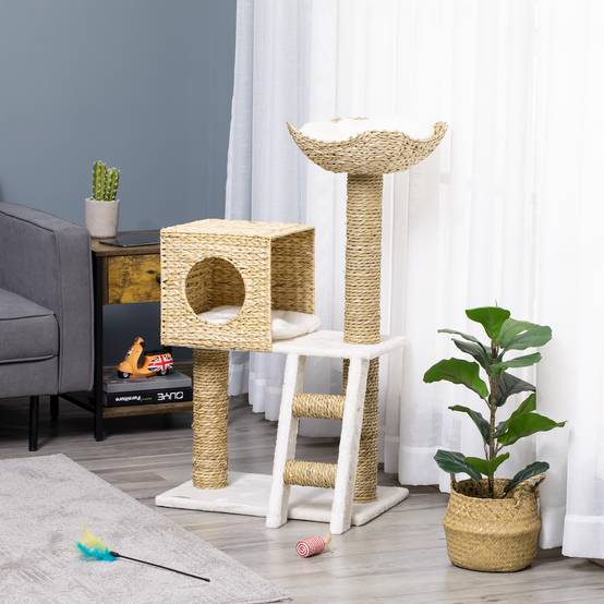 Arbre à chat bois et peluche naturel 57 x 37 x 100.5 cm - PANGIVO - Image 4