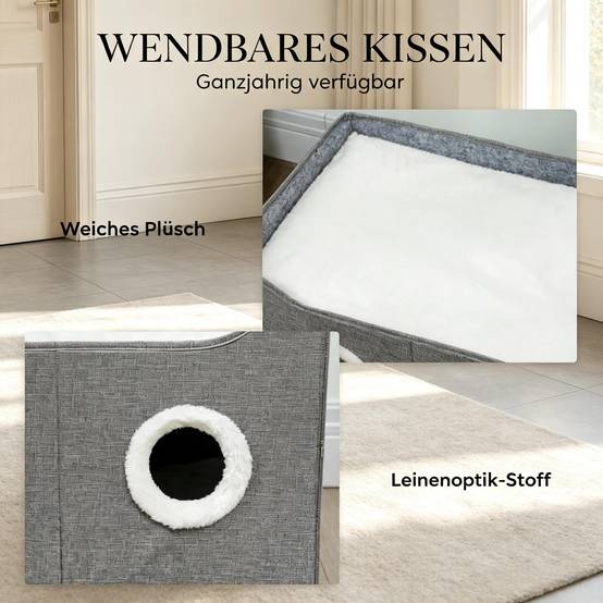 Grotte pliable pour chat d’intérieur, maison avec planche à griffer, lit surélevé, plusieurs entrées, jouet suspendu, coussin réversible - Image 6